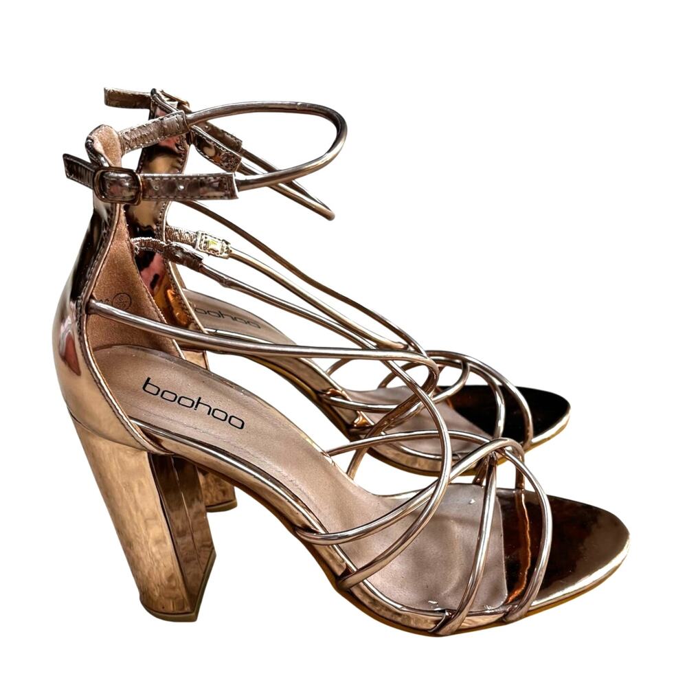 Boohoo brand Strappy Sandals Rose Gold Faux Leather dressy high heels US 6M